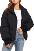 Women 2025 Winter Long Sleeve Zip Puffer Jacket Pockets Baggy Short Coats