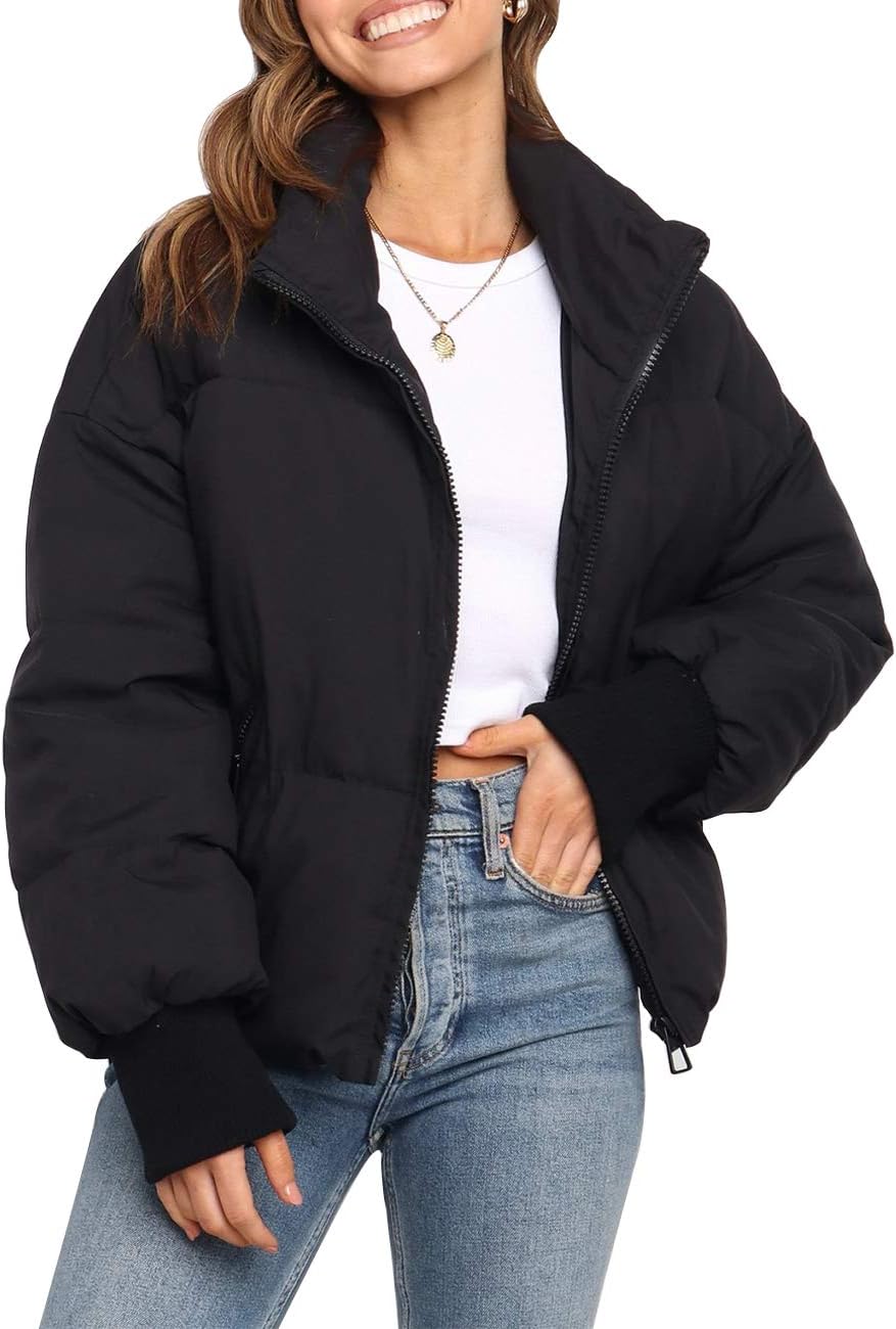 Women 2025 Winter Long Sleeve Zip Puffer Jacket Pockets Baggy Short Coats