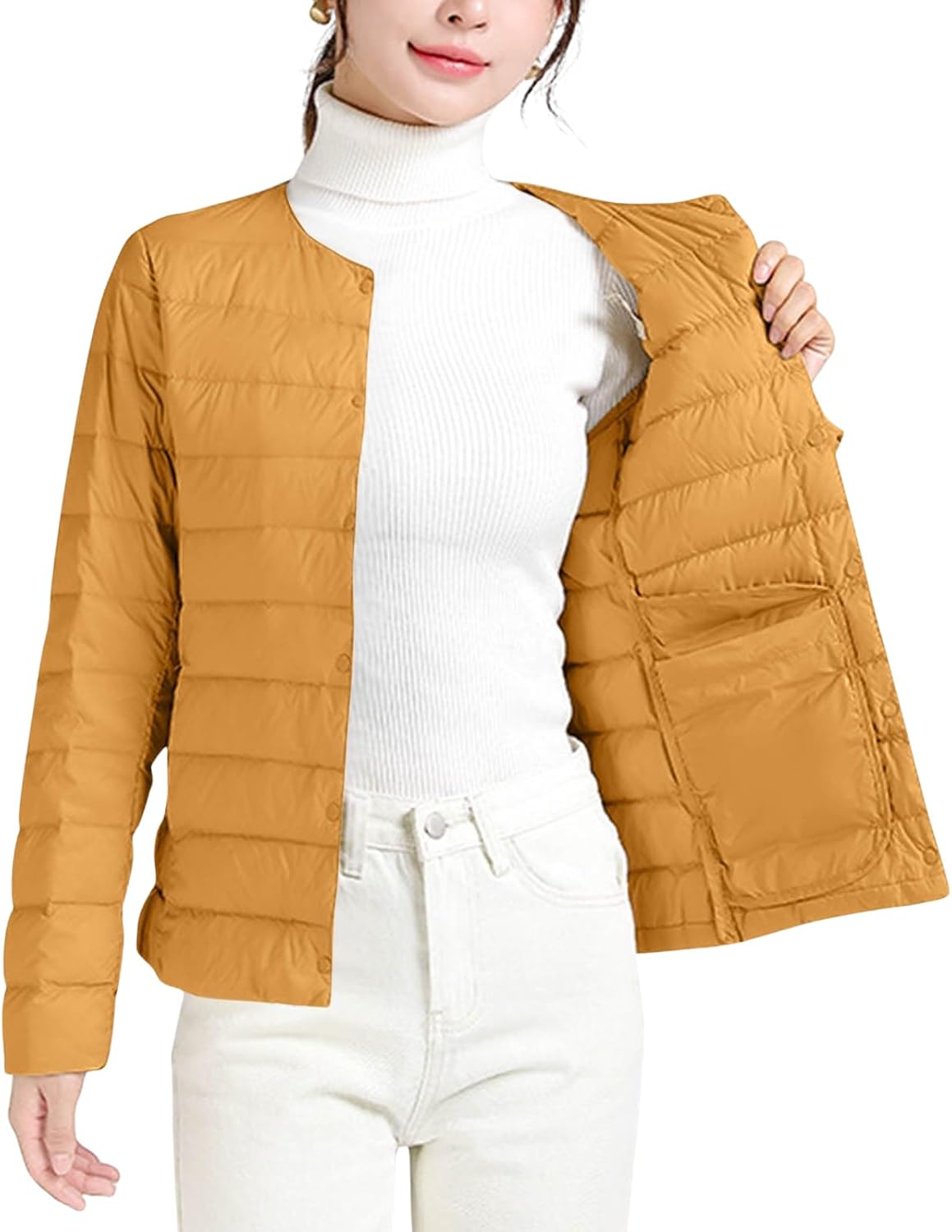 Women Ultra Lightweight Down Jacket Packable Collarless Button Down Quilted Short Puffer Parka Coats Outerwear Pocket