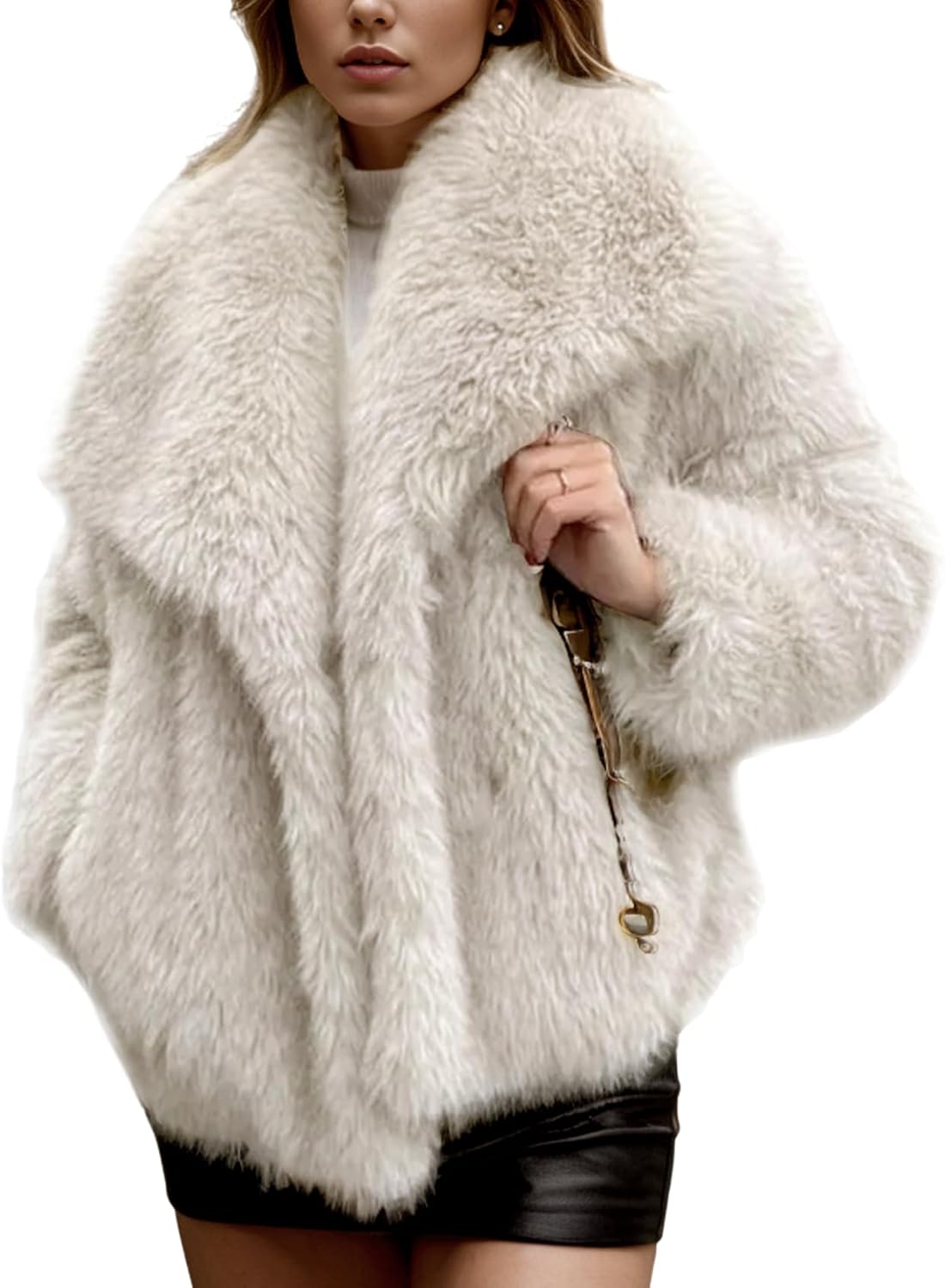 Women's Faux Fur Jacket Winter Long Sleeve Fluffy Lapel Furry Shaggy Jacket Coat