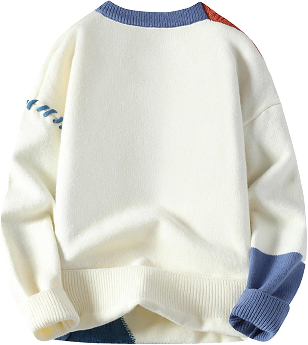 Patchwork Sweater Mens Colorblock Jumper Cable Knitted Pullover Oversized