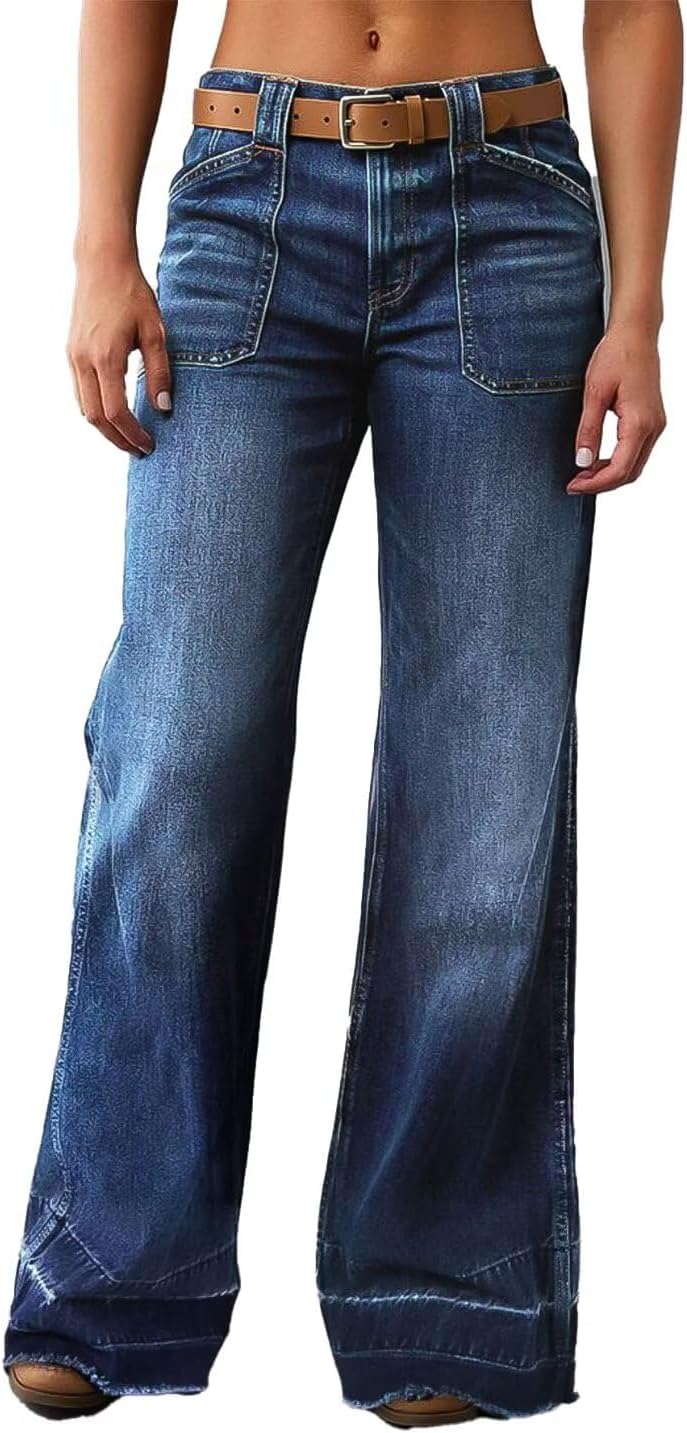 Wide Straight Leg Mid Rise Baggy Pocket Denim Jeans Without Belt