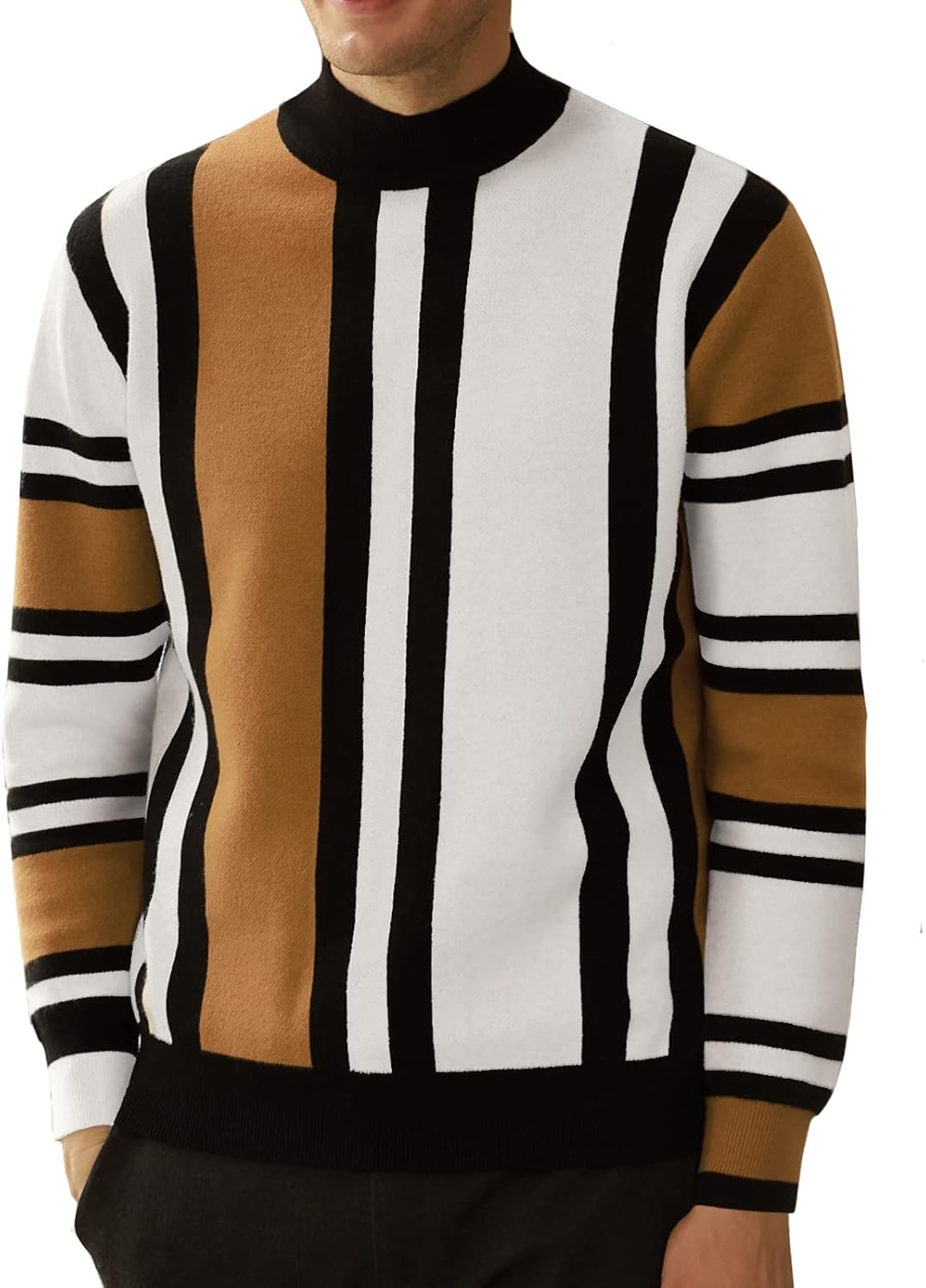 Mens Mock Turtleneck Sweater Vintage Striped Pullover Sweater Fashion Jumper Sweater