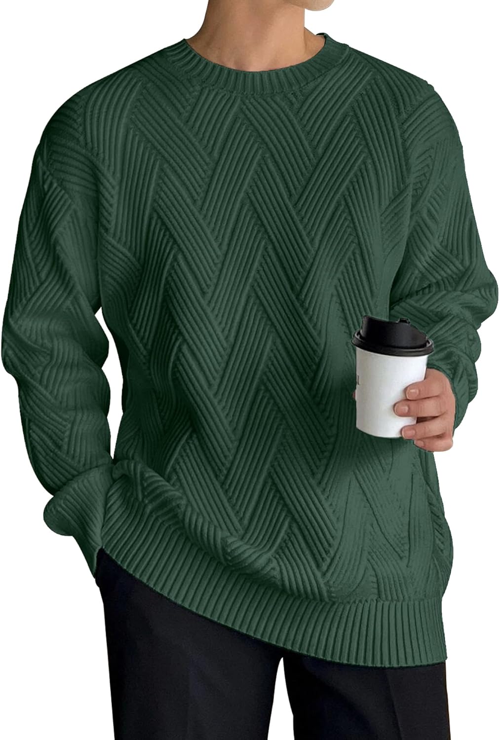 Men's Crewneck Sweaters Casual Textured Pullover Sweaters with Diagonal Jacquard Pattern