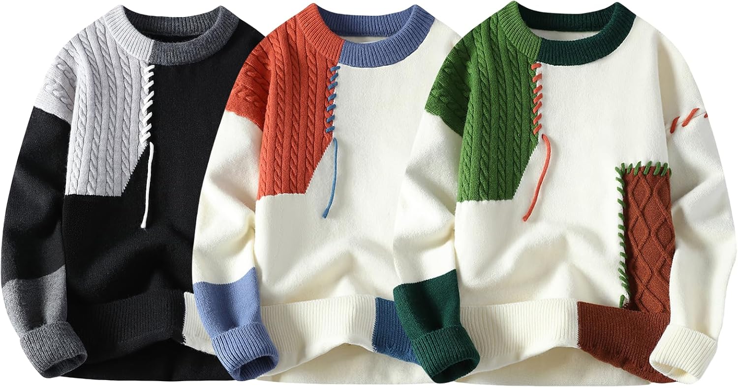 Patchwork Sweater Mens Colorblock Jumper Cable Knitted Pullover Oversized