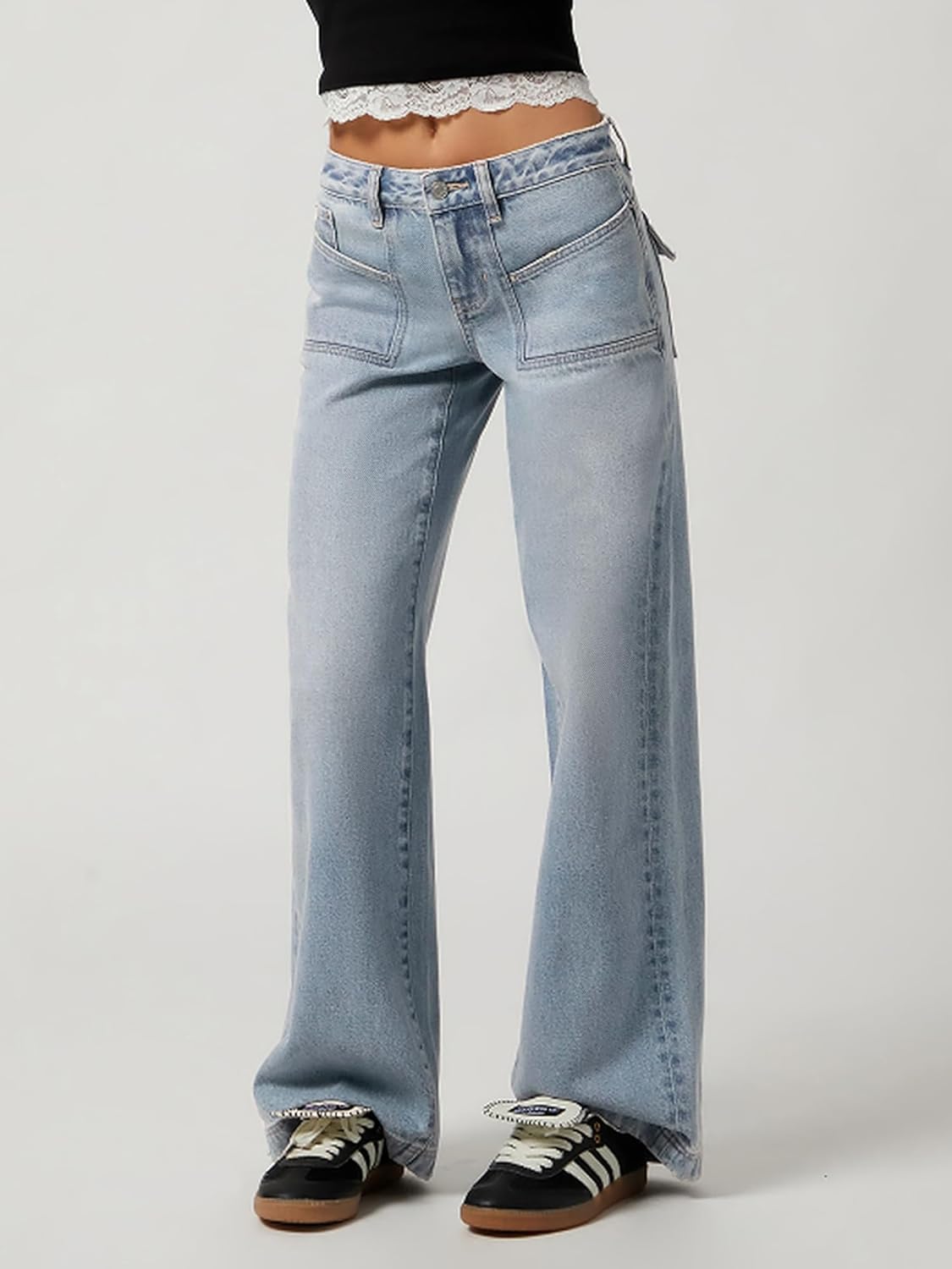 Women Baggy Jeans Patchwork Mid-Low Waist Wide Leg Jeans Boyfriends Pants 90s Loose Denim Pants