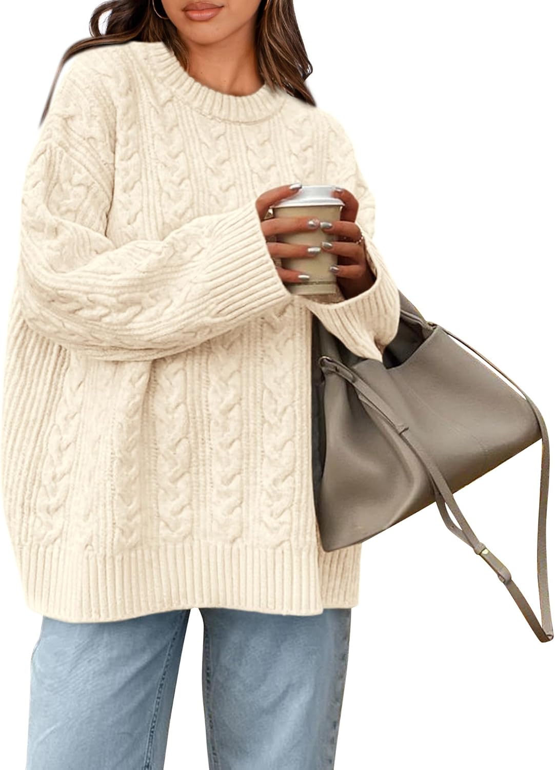 Women's Oversized Sweaters Crewneck Cable Knit Pullover Casual Loose Fall Outfits Fashion Clothes 2025