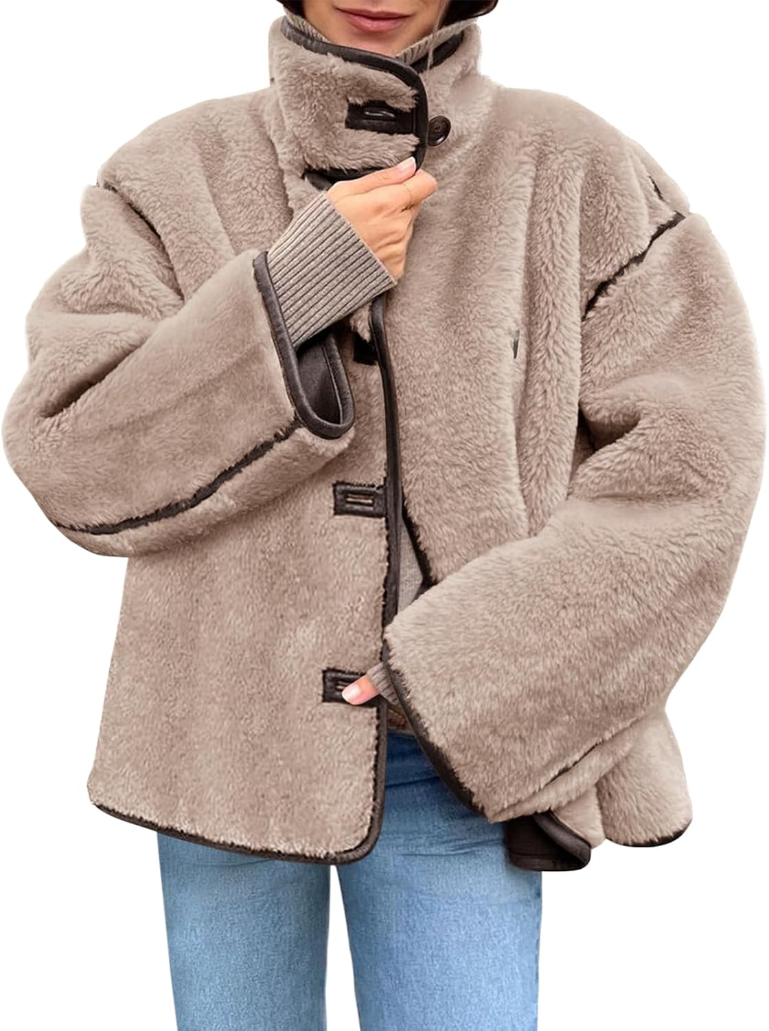 Womens Faux Fur Jackets Warm Winter Casual Button Down Stand Collar Long Sleeve Shaggy Outwear Coats