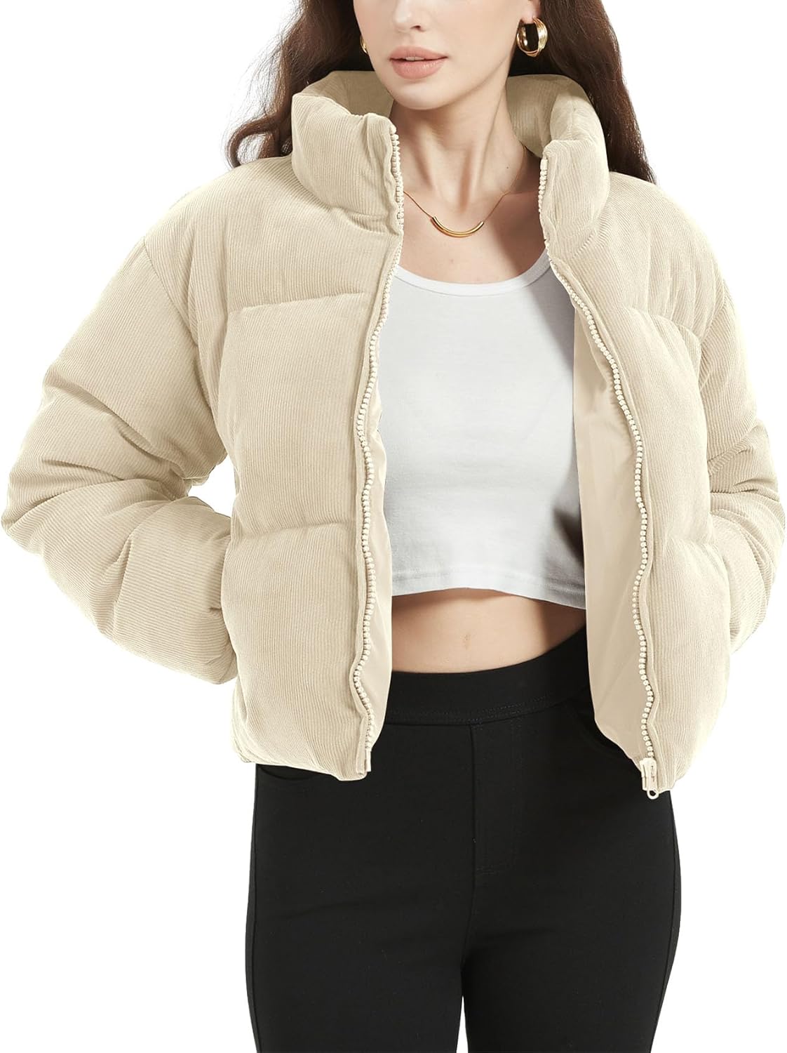 Women Corduroy Puffer Jacket Winter Quilted Coats Lightweight Ribbed Short Down Jackets Outerwear