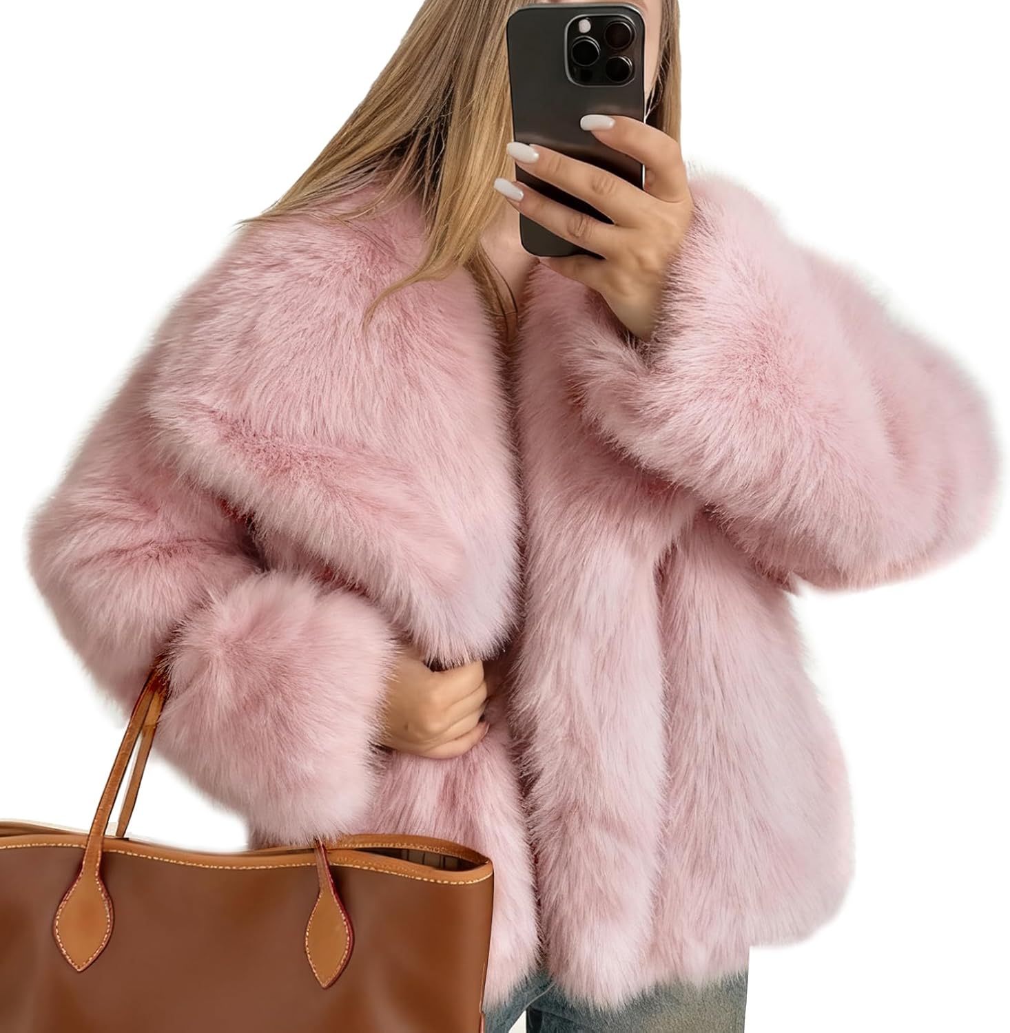 Women's Faux Fur Coat Fluffy Faux Fur Jacket Long Sleeve Lapel Furry Winter Jackets Shaggy Parka Short Coat