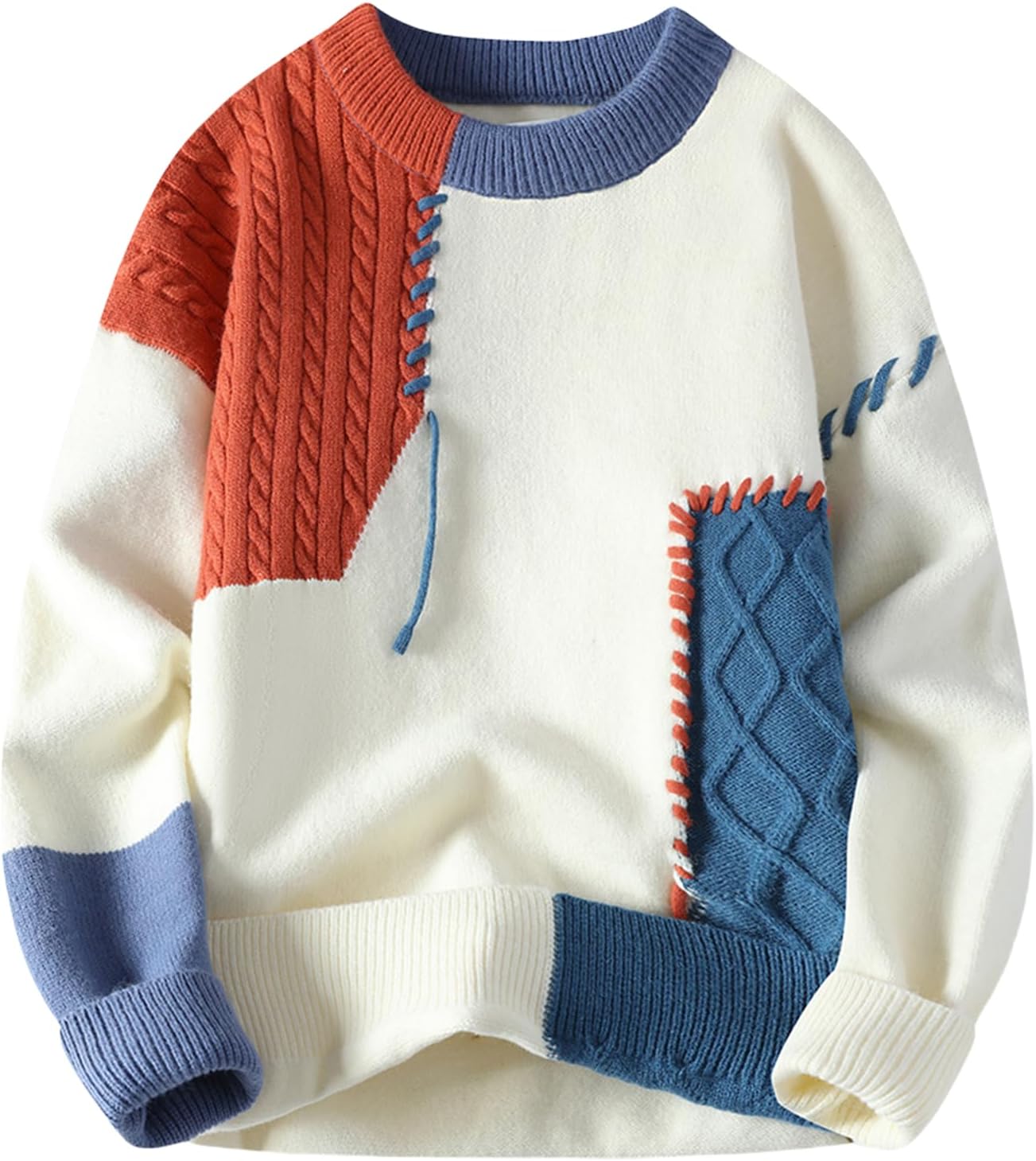 Patchwork Sweater Mens Colorblock Jumper Cable Knitted Pullover Oversized