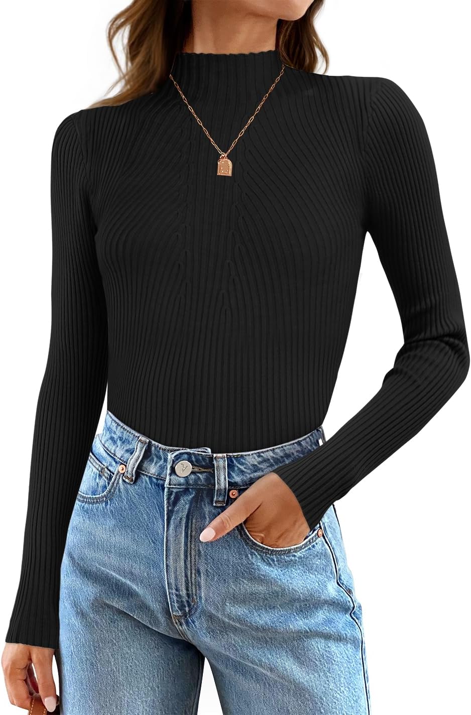 Women's 2025 Fall Long Sleeve Turtleneck T Shirt Ribbed Knit Sweater Slim Fit Basic Casual Tee Tops