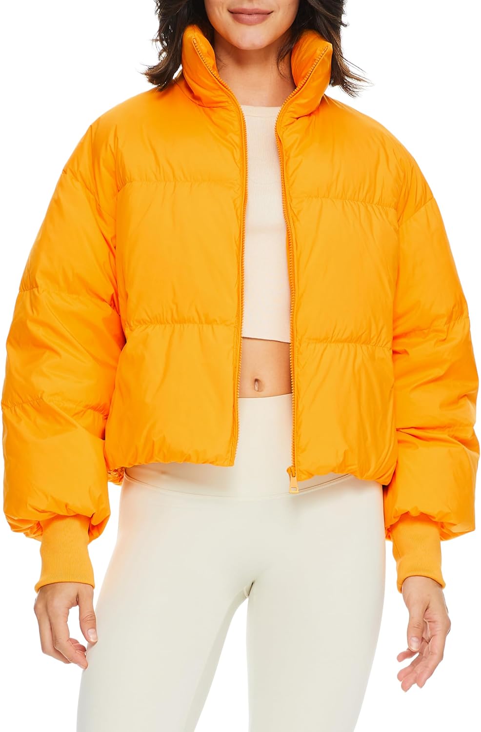 Women Winter Oversized Cropped Puffer Jacket Zip Up Short Down Coat Stand Collar Baggy Overcoat