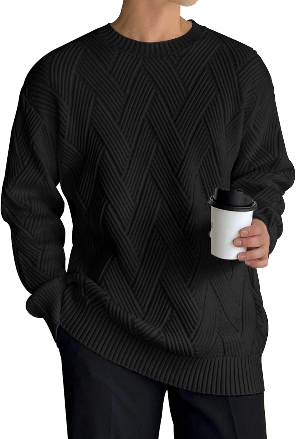 Men's Crewneck Sweaters Casual Textured Pullover Sweaters with Diagonal Jacquard Pattern