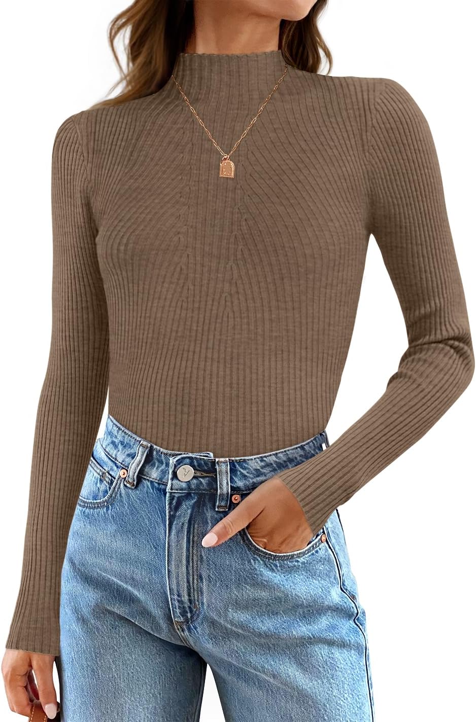 Women's 2025 Fall Long Sleeve Turtleneck T Shirt Ribbed Knit Sweater Slim Fit Basic Casual Tee Tops