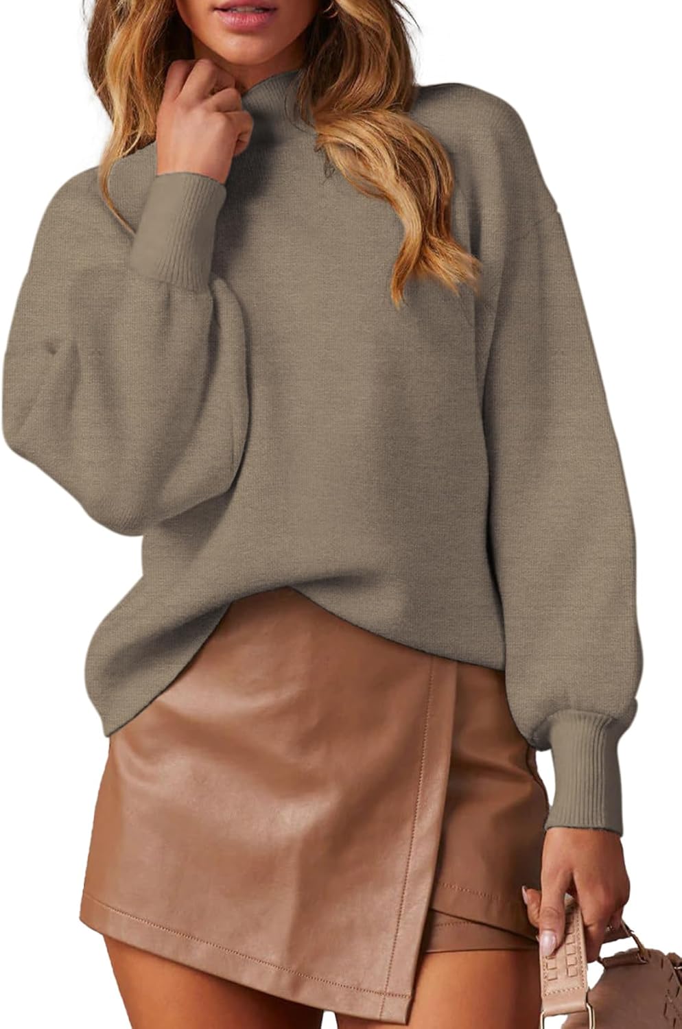 Women's 2025 Fall Fashion Casual Sweaters Mock Neck Long Lantern Sleeve Lightweight Knit Pullover Sweater Tops