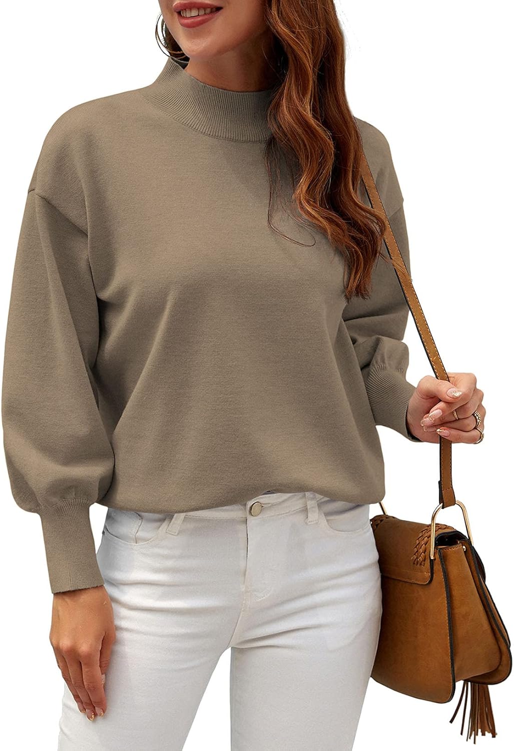 Women's 2025 Fall Fashion Casual Sweaters Mock Neck Long Lantern Sleeve Lightweight Knit Pullover Sweater Tops