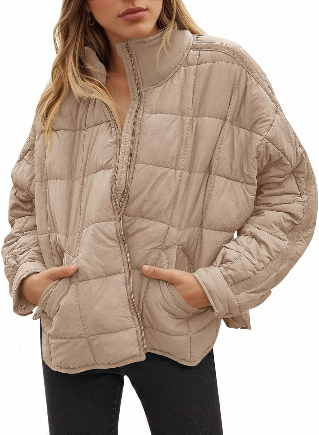 Women Oversized Lightweight Down Coat Long Sleeve Zip Packable Short Puffer Jackets