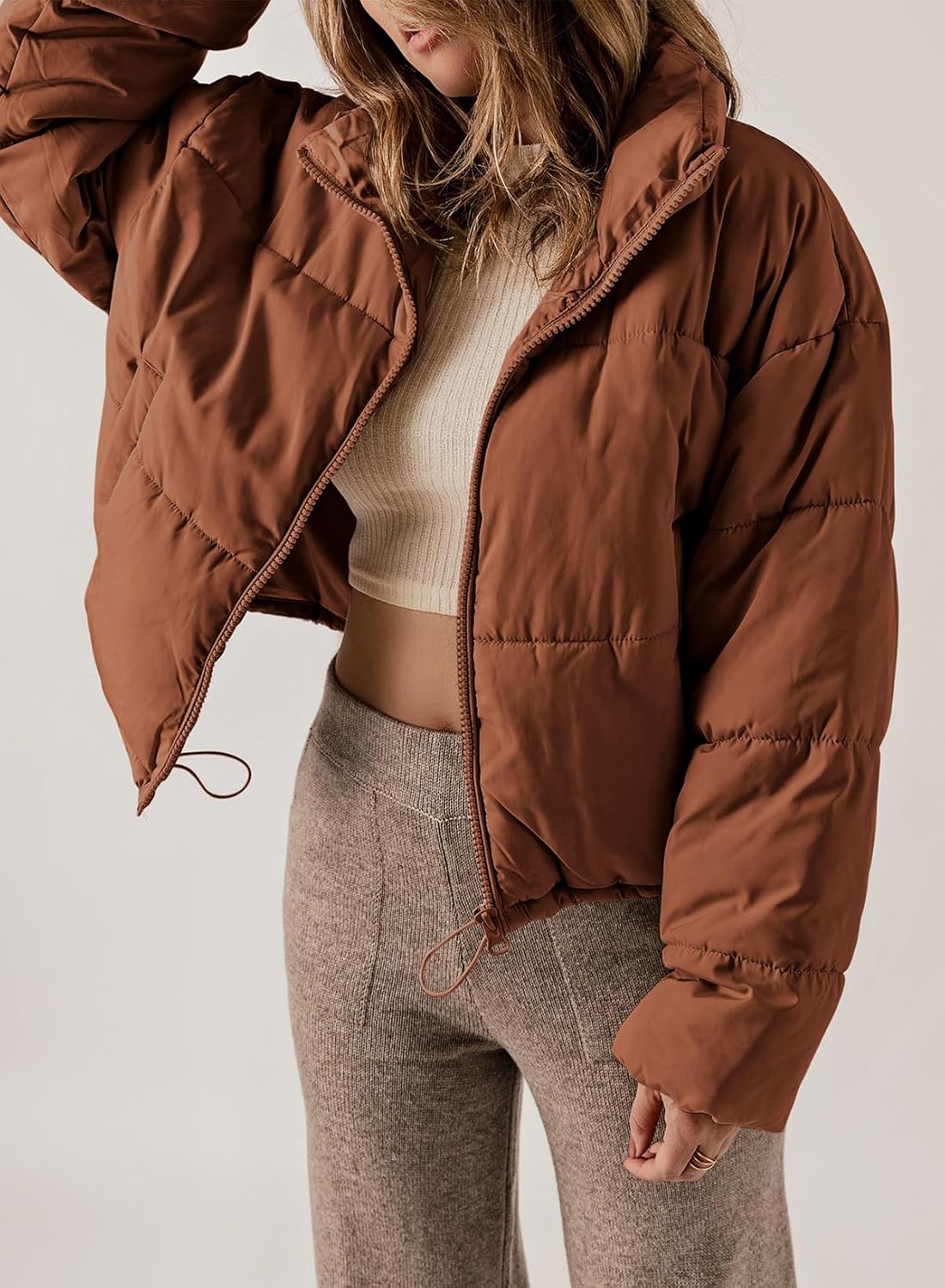 Women Winter Quilted Jackets Long Sleeve Full Zip Puffer Jacket Coats with Pockets