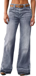 Wide Straight Leg Mid Rise Baggy Pocket Denim Jeans Without Belt