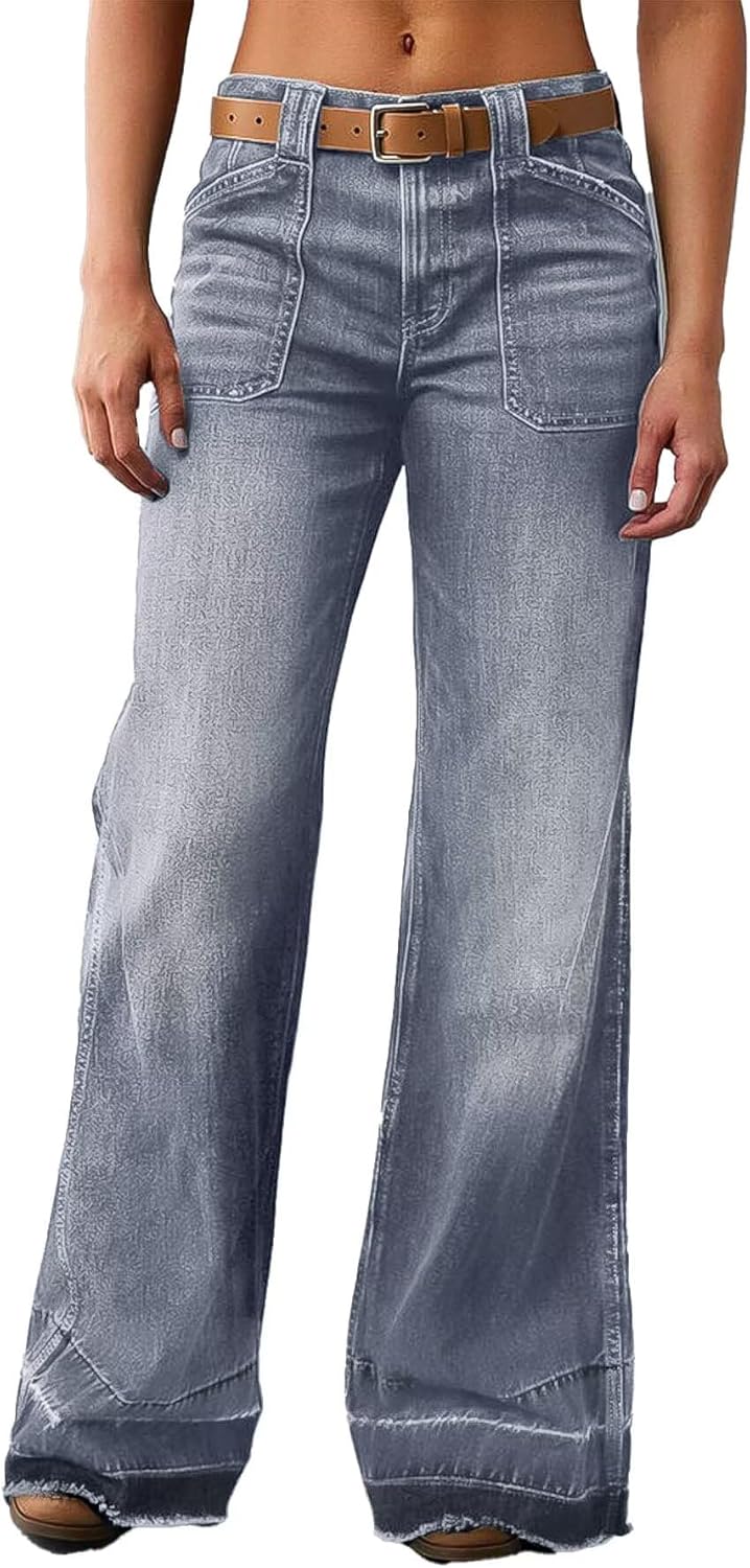 Wide Straight Leg Mid Rise Baggy Pocket Denim Jeans Without Belt
