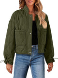 Women Cropped Zip-Up Bomber Jackets Warm Quilted Long Sleeve Stand Neck Winter Coats