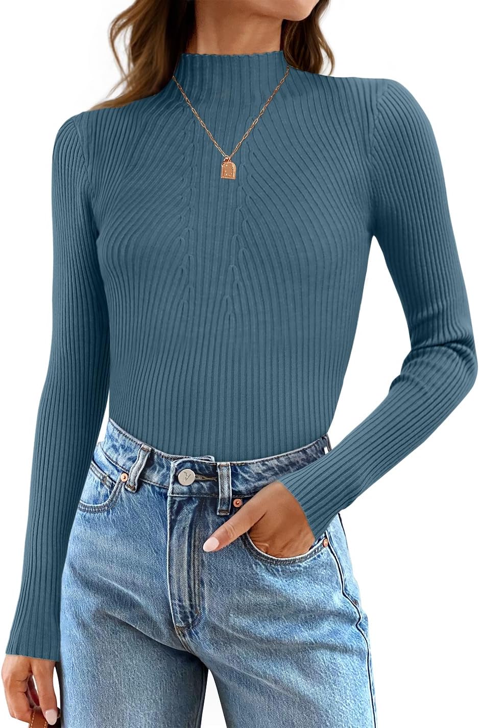 Women's 2025 Fall Long Sleeve Turtleneck T Shirt Ribbed Knit Sweater Slim Fit Basic Casual Tee Tops