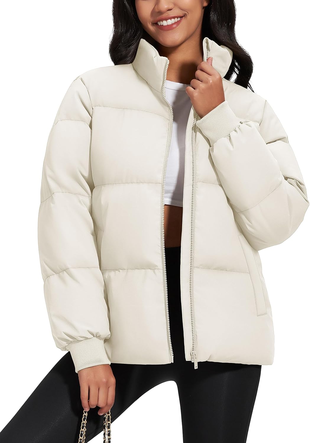 Women Winter Down Puffer Jackets Stand Collar Zip Up Water Resistant Warm Padded Quilted Coat with Pockets