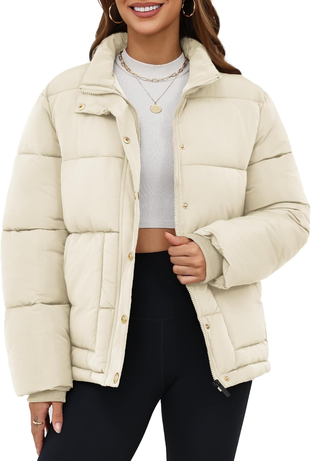 Women Cropped Puffer Jacket Winter Stand Collar Zip Up Snap Button Warm Lightweight Short Quilted Coat