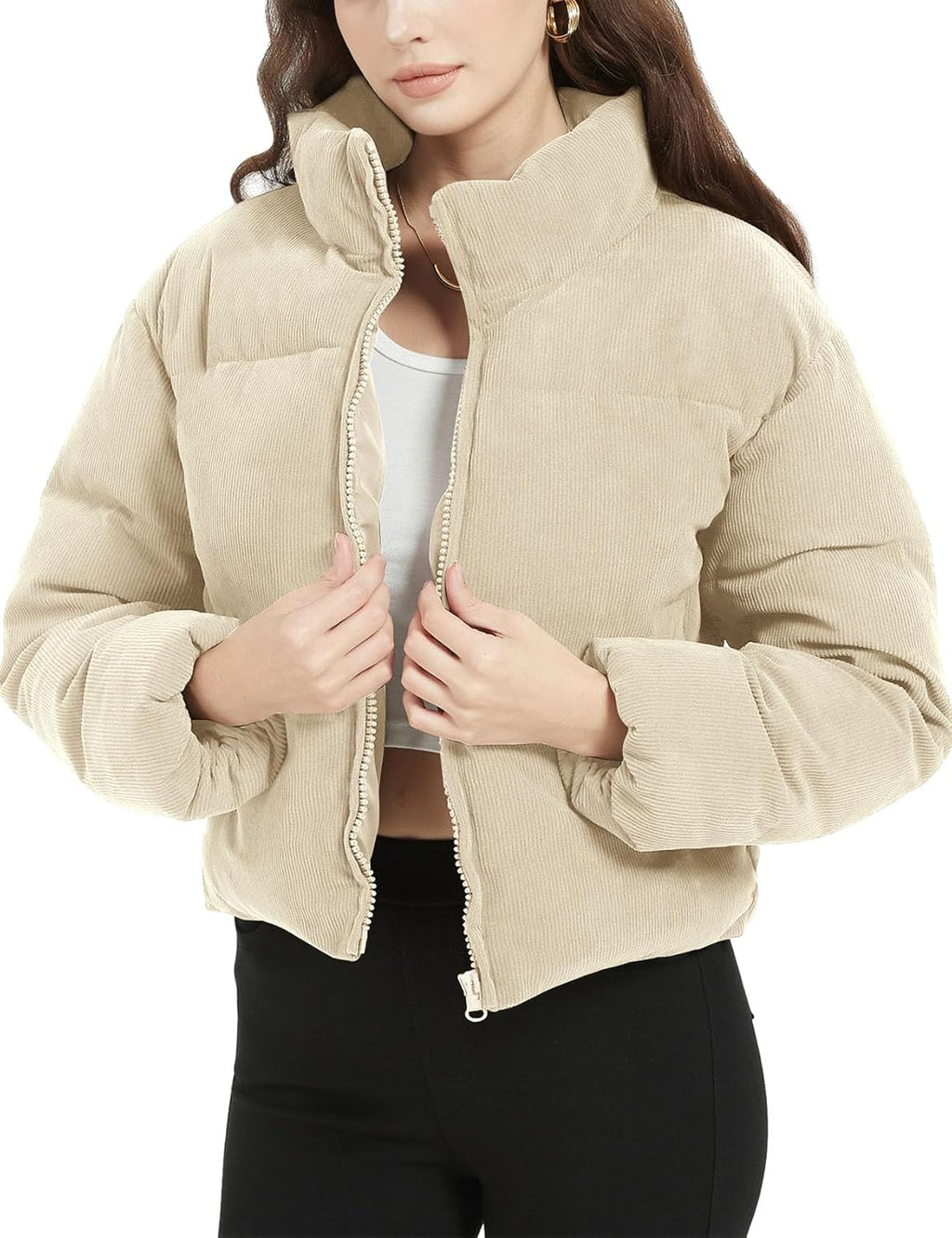 Women Corduroy Puffer Jacket Winter Quilted Coats Lightweight Ribbed Short Down Jackets Outerwear