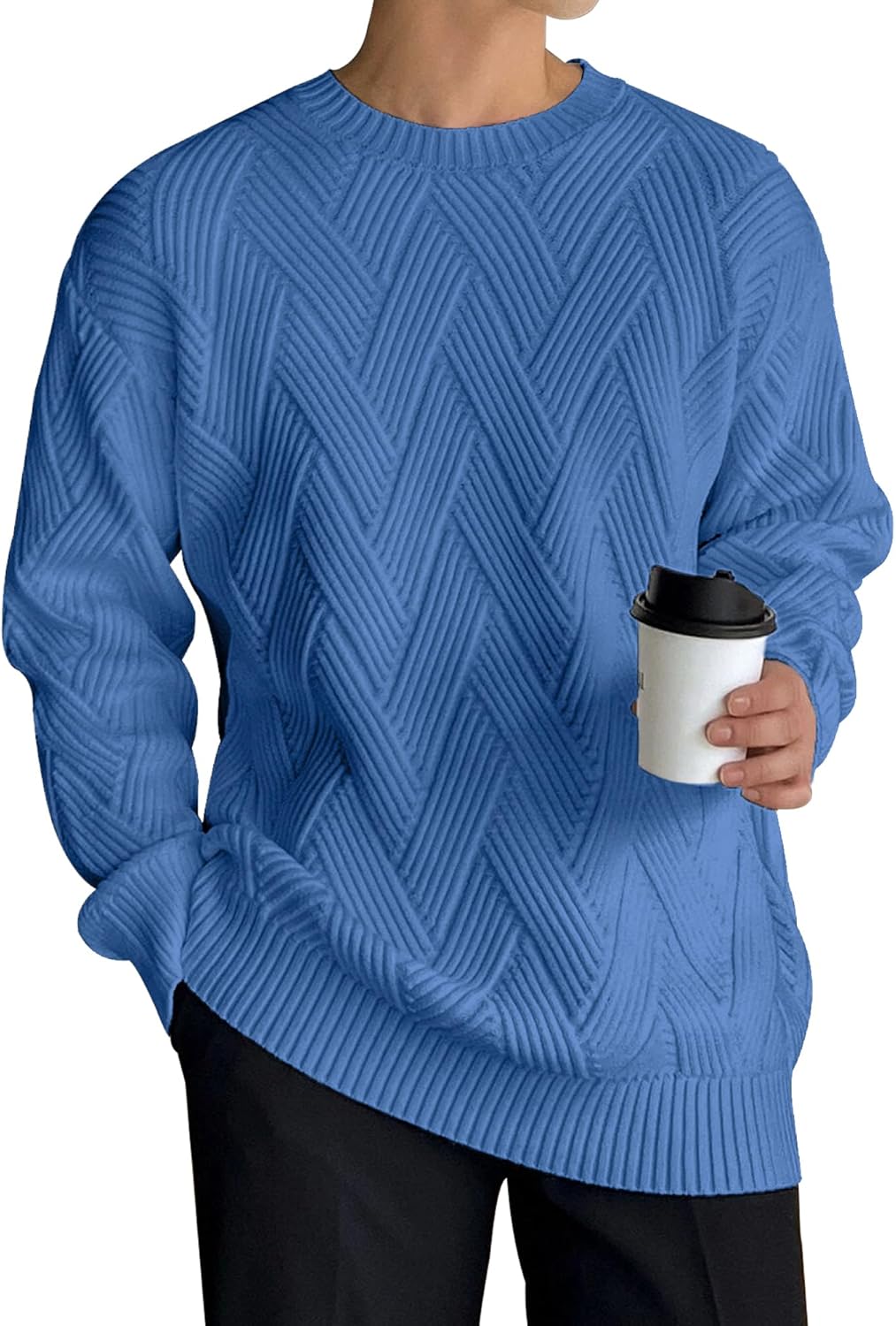 Men's Crewneck Sweaters Casual Textured Pullover Sweaters with Diagonal Jacquard Pattern