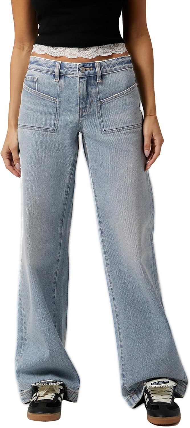 Women Baggy Jeans Patchwork Mid-Low Waist Wide Leg Jeans Boyfriends Pants 90s Loose Denim Pants