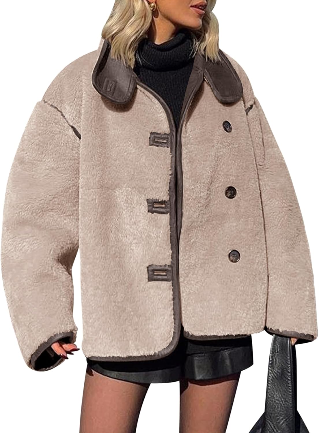 Womens Faux Fur Jackets Warm Winter Casual Button Down Stand Collar Long Sleeve Shaggy Outwear Coats