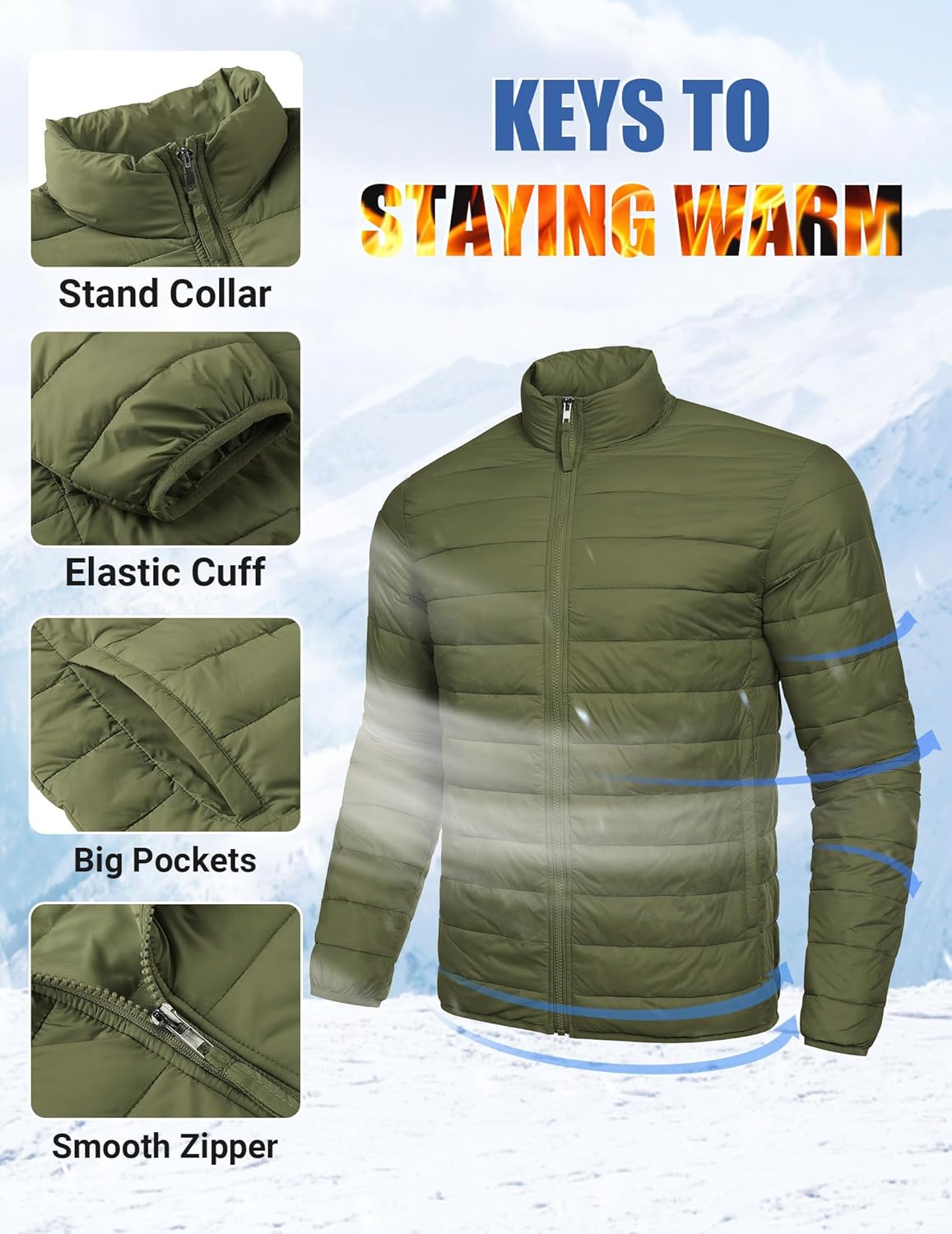 Mens Puffer Jacket Packable Lightweight Jackets Winter Coat Windproof Zipper Down Jacket