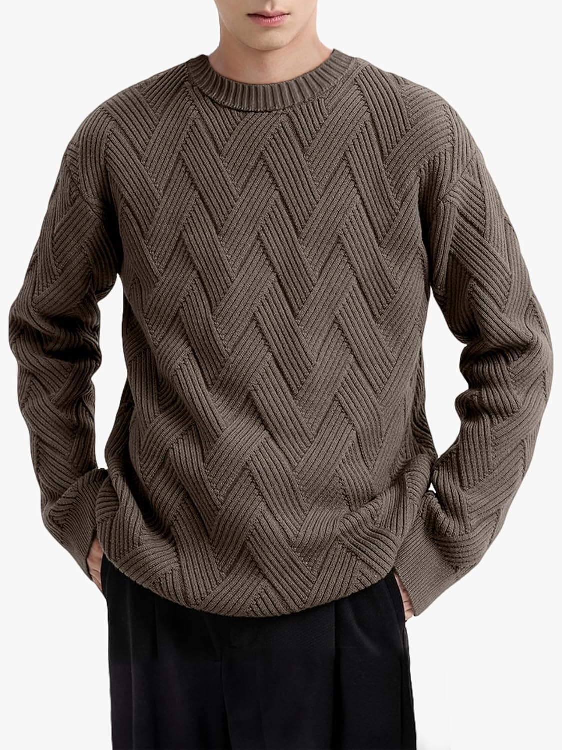 Men's Crewneck Sweaters Casual Textured Pullover Sweaters with Diagonal Jacquard Pattern