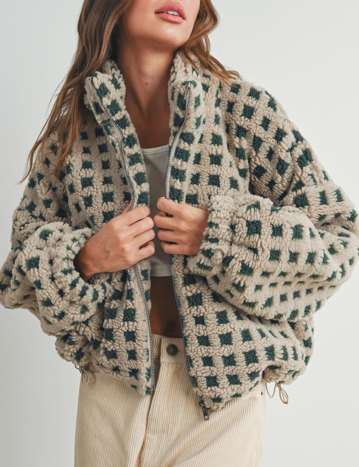 Women’s Long Sleeve Cropped Sherpa Fleece Plaid Jacket Casual Chunky Teddy Fleece Outerwear