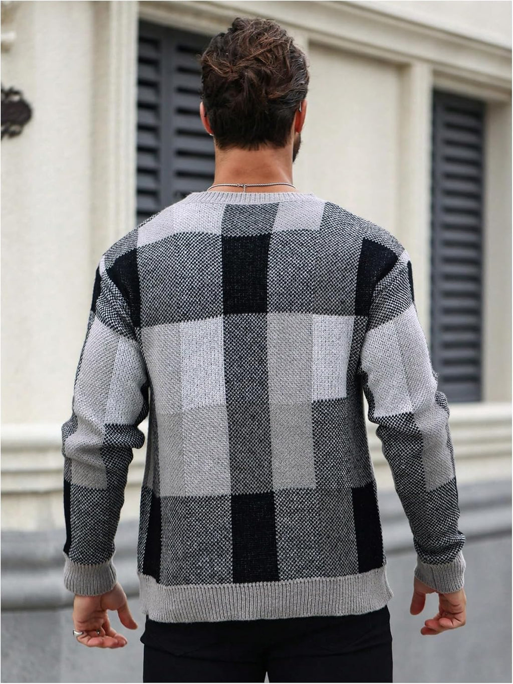 Men's Color Block Plaid Print Long Sleeve Crew Neck Sweater Pullover Tops