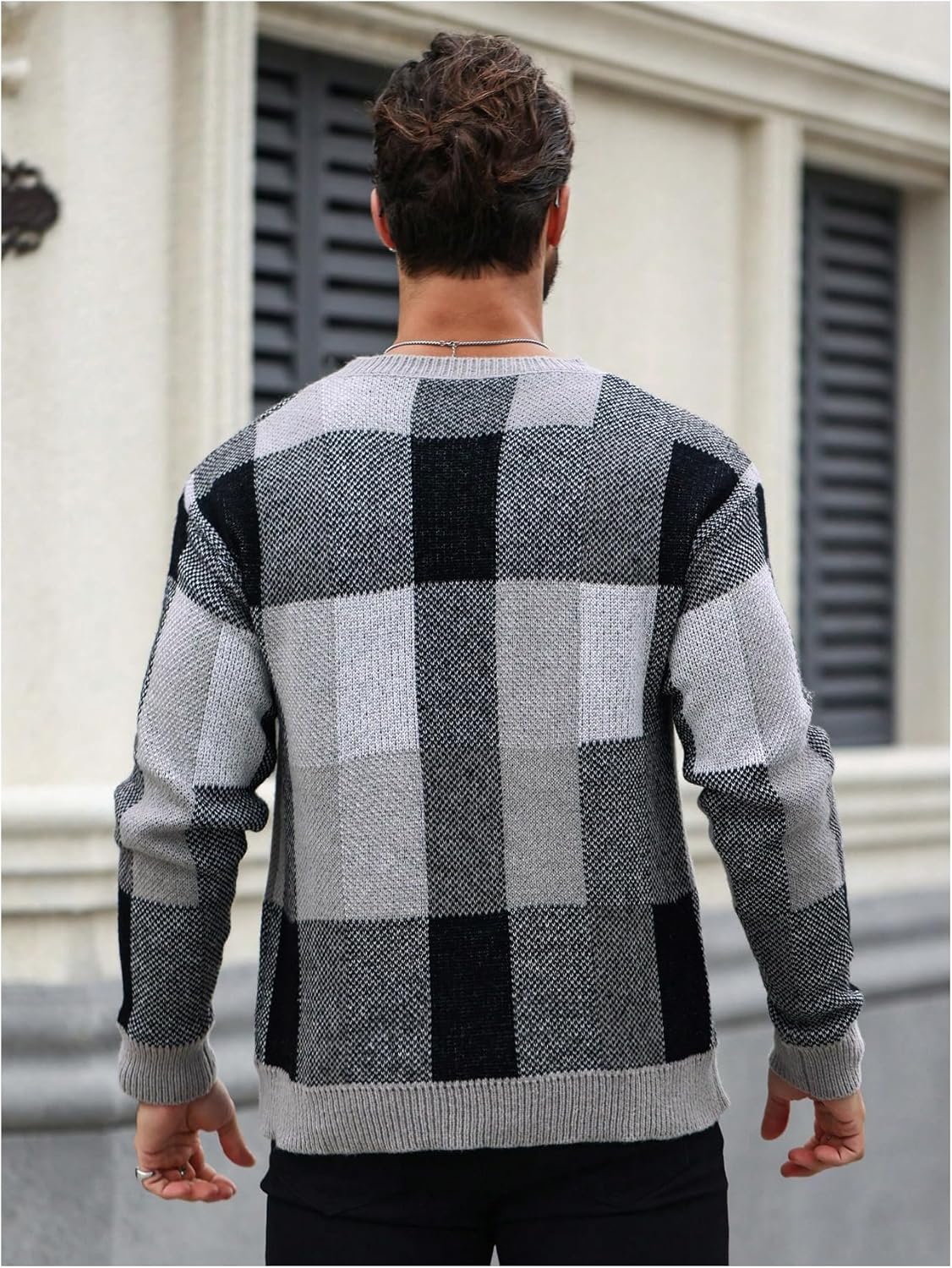 Men's Color Block Plaid Print Long Sleeve Crew Neck Sweater Pullover Tops