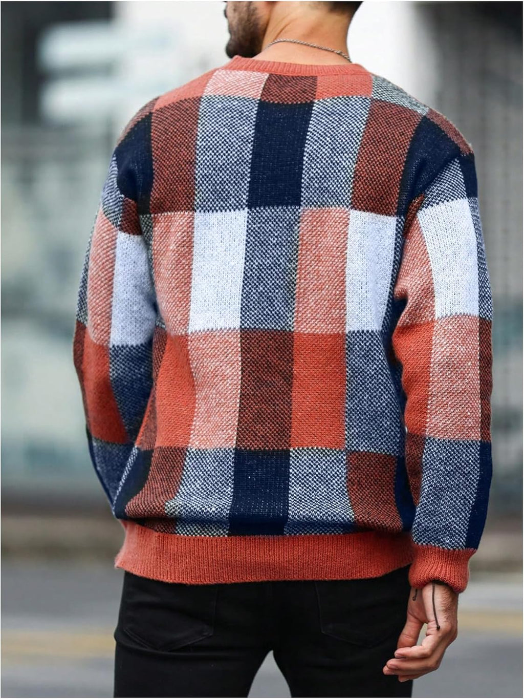 Men's Color Block Plaid Print Long Sleeve Crew Neck Sweater Pullover Tops