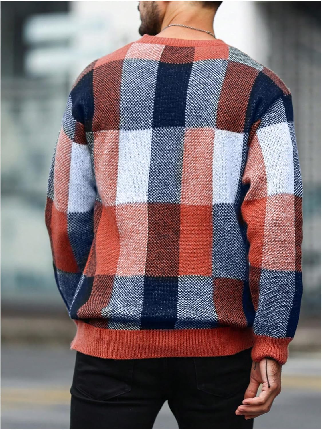 Men's Color Block Plaid Print Long Sleeve Crew Neck Sweater Pullover Tops