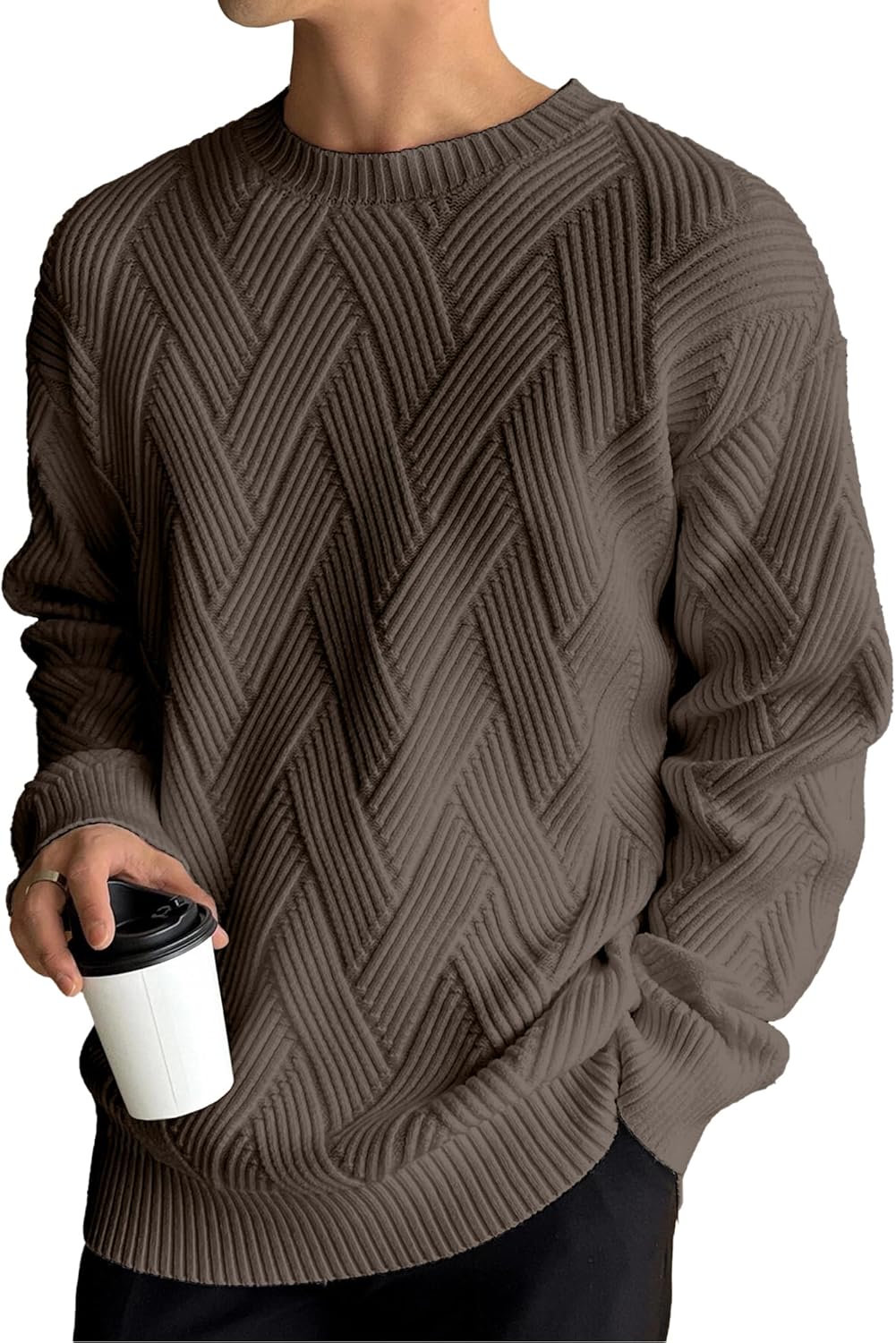 Men's Crewneck Sweaters Casual Textured Pullover Sweaters with Diagonal Jacquard Pattern