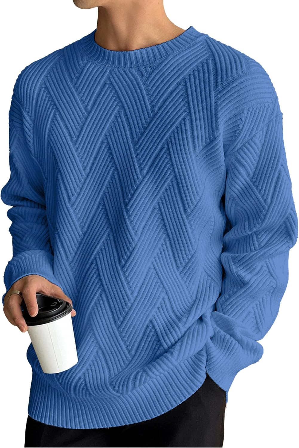 Men's Crewneck Sweaters Casual Textured Pullover Sweaters with Diagonal Jacquard Pattern