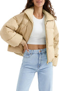 Women Winter Oversized Cropped Puffer Jacket Zip Up Short Down Coat Stand Collar Baggy Overcoat