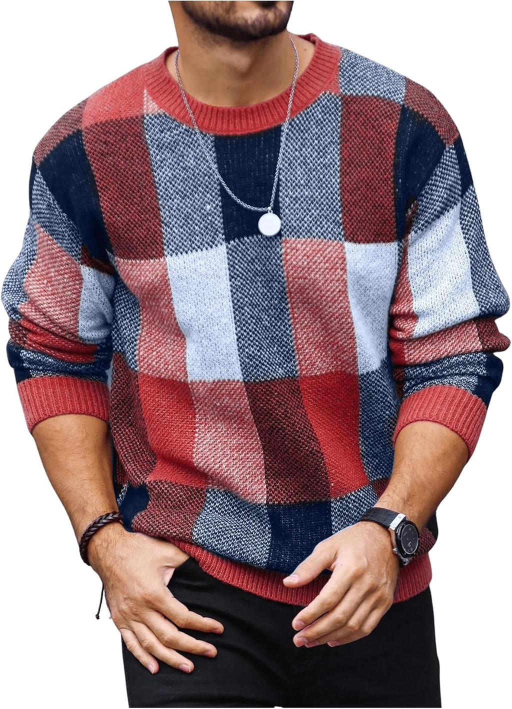 Men's Color Block Plaid Print Long Sleeve Crew Neck Sweater Pullover Tops