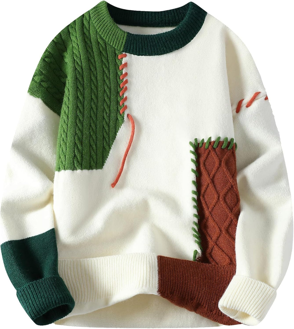 Patchwork Sweater Mens Colorblock Jumper Cable Knitted Pullover Oversized
