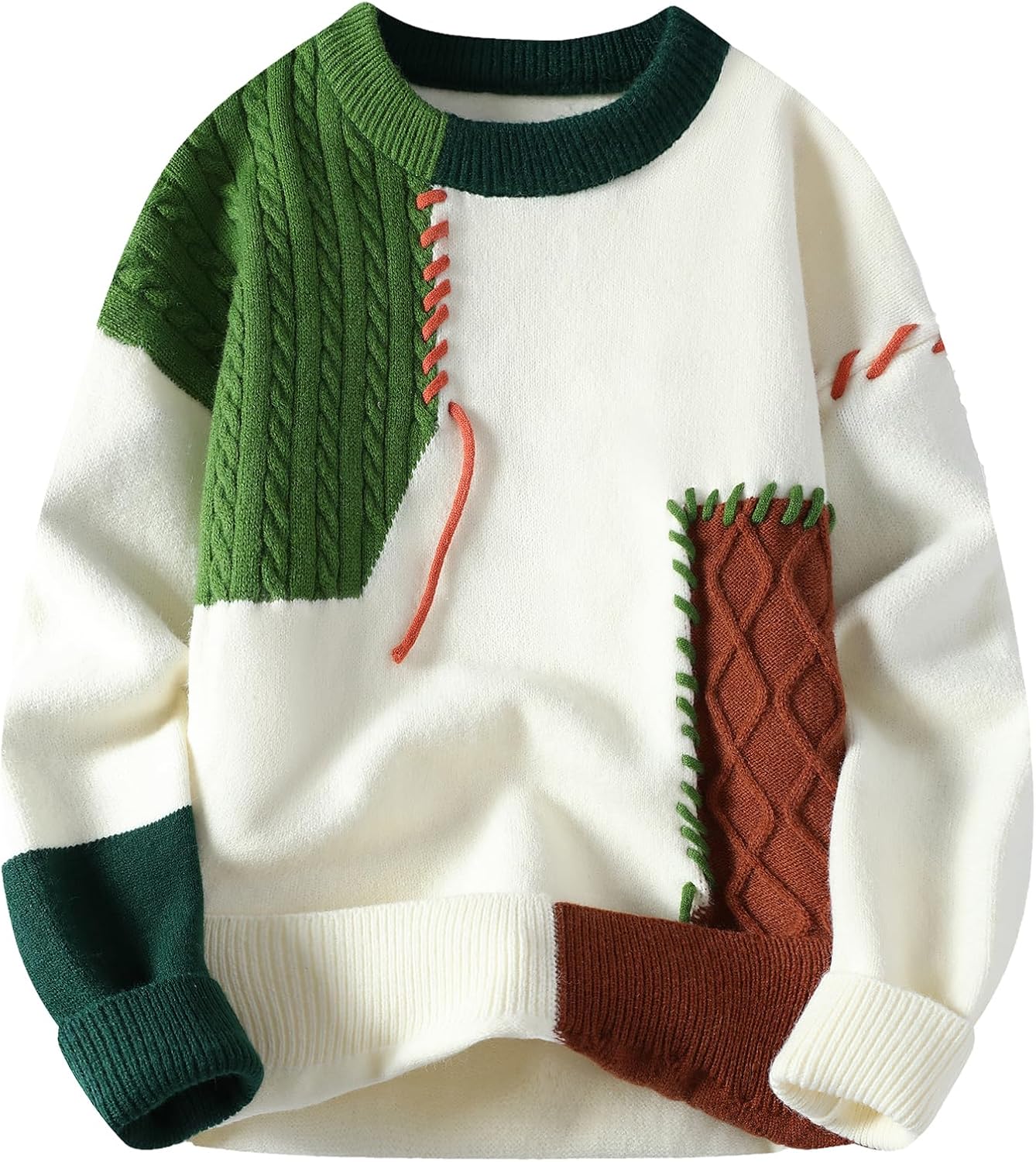Patchwork Sweater Mens Colorblock Jumper Cable Knitted Pullover Oversized