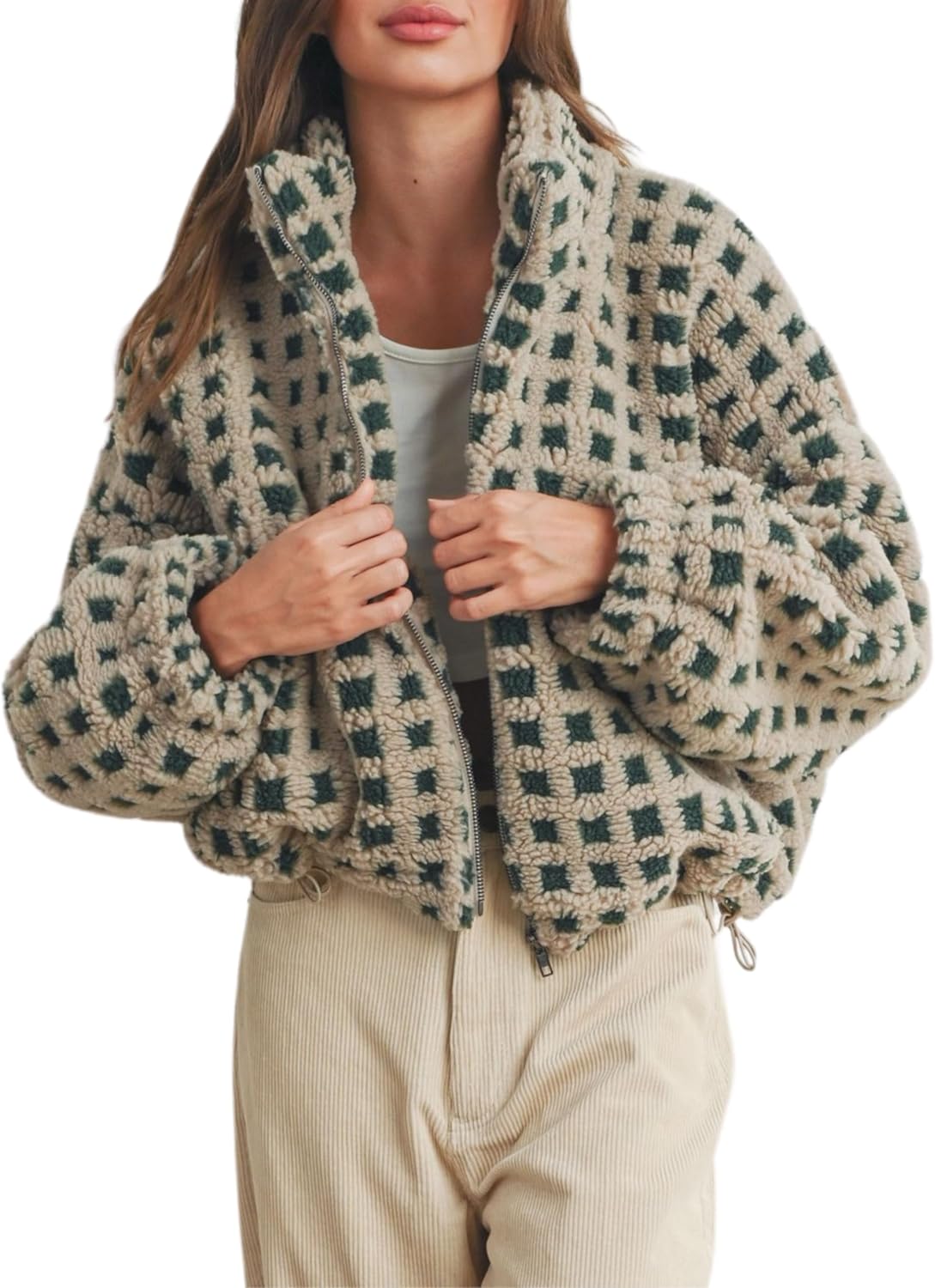 Women’s Long Sleeve Cropped Sherpa Fleece Plaid Jacket Casual Chunky Teddy Fleece Outerwear
